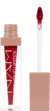 Czerwona pomadka NAM Epic Liquid Lipstick demi-matte, tubka z wyciągniętym aplikatorem, ujęcie z przodu.