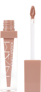 NAM Epic Liquid Lipstick nr 6 Cotton Candy, butelka z aplikatorem nude pomadki demi-matte, widok z przodu.
