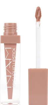 NAM Epic Liquid Lipstick nr 6 Cotton Candy, butelka z aplikatorem nude pomadki demi-matte, widok z przodu.
