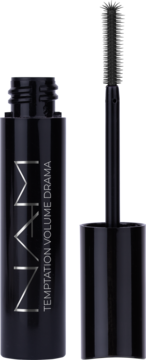 Czarny tusz do rzęs NAM Temptation Volume Drama, otwarty, ze szczoteczką obok, widok z przodu.