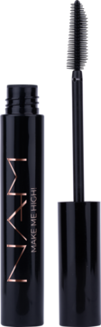 Czarna mascara NAM Make Me High z napisem, butelka otwarta, obok spirala aplikatora, widok z przodu.