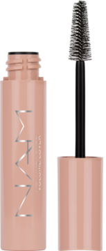 NAM Volume Lover, tusz do rzęs w nude butelce, otwarty z wyjętą czarną szczoteczką do pogrubiania rzęs.