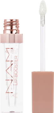 Otwarty transparentny wegański Lip Booster NAM z różowozłotą nakrętką i aplikatorem, widok z przodu.