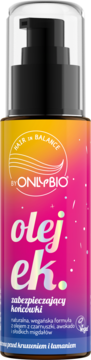 OnlyBio Hair Balance olejek zabezpieczający końcówki, butelka z pompką w gradientowych kolorach pomarańcz-róż, przód.