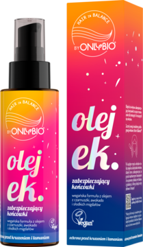 OnlyBio Hair in Balance wegański olejek do końcówek, w gradientowej butelce z pompką i opakowaniu.