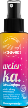 Hair in Balance Onlybio wcierka pobudzająca, kolorowa butelka spray z czarnym dozownikiem, widok z przodu.