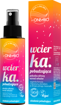 Onlybio wcierka pobudzająca do włosów, butelka z atomizerem i pudełko w żółto-różowym gradiencie.