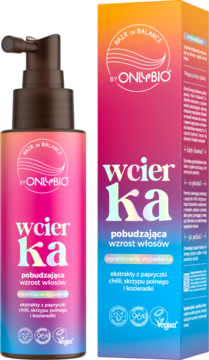 OnlyBio wcierka pobudzająca wzrost włosów i ograniczająca wypadanie, butelka z pompką i kartonik, przód.