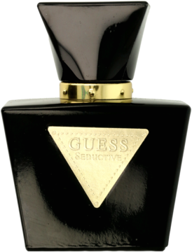 Czarny, elegancki flakon Guess Seductive Noir EDT dla kobiet, ze złotą trójkątną etykietą, widok z przodu.