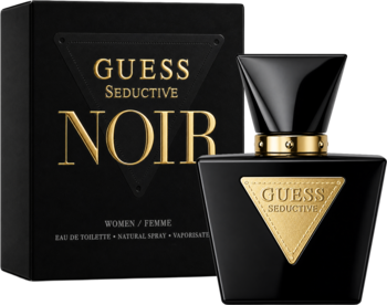 Guess Seductive Noir EDT dla kobiet, czarny flakon i pudełko z boku, złote napisy i detale.