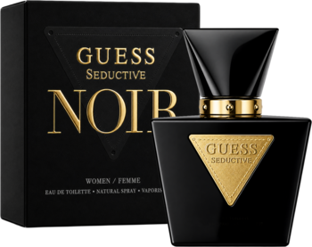 Guess Seductive Noir EDT dla kobiet. Czarna, geometryczna butelka ze złotym logo, obok eleganckie pudełko.