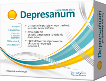 Biało-niebiesko-żółte pudełko suplementu Depresanum, z szafranem i L-tryptofanem, widok z przodu, na pozytywny nastrój.