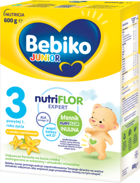 Kartonowe pudełko Bebiko Junior 3 waniliowe, NUTRIflor Expert, z misiem. Żółto-niebieskie, widok z przodu.