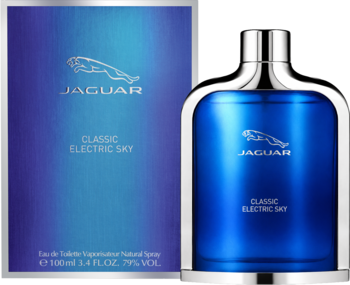 Jaguar Classic Electric Sky EDT 100 ml, niebieska butelka i pudełko z srebrnym logo, widok z przodu.