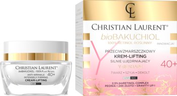 Christian Laurent bioBAKUCHIOL krem-lifting z roślinnym retinolem 40+, biały słoiczek i pudełko, widok z przodu.