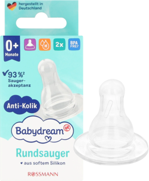 Babydream smoczek antykolkowy 0+ okrągły, silikonowy, w opakowaniu i obok, 2 sztuki, biało-niebieski box.