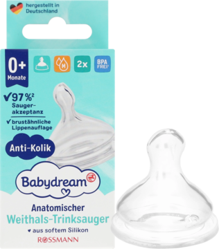 Silikonowy smoczek Babydream antykolkowy, szeroka szyjka, 0+, obok niebieskiego opakowania z tekstem.