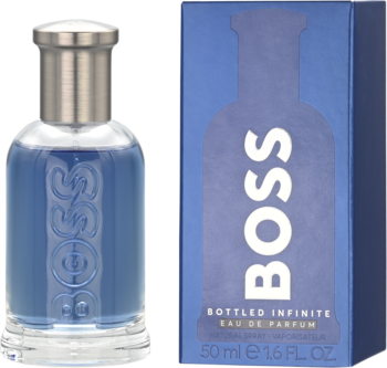 Perfumy męskie BOSS Bottled Infinite 50 ml. Widok butelki i granatowego pudełka z przodu pod kątem.