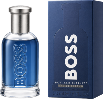 Męska woda perfumowana Hugo Boss Bottled Infinite: niebieska butelka z srebrną nakrętką i pudełko, widok obok siebie.