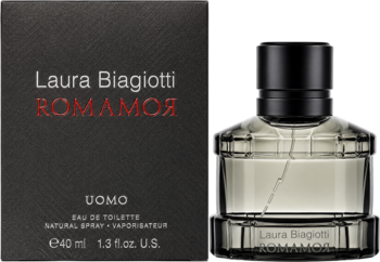 Laura Biagiotti Romamor Uomo orientalno-drzewna woda toaletowa. Widok butelki i czarnego pudełka z czerwonym napisem.
