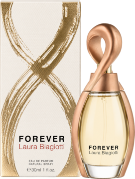 Laura Biagiotti Forever 30ml, perfumy, flakon ze złotym korkiem obok pudełka z beżowo-złotym wzorem ósemki.