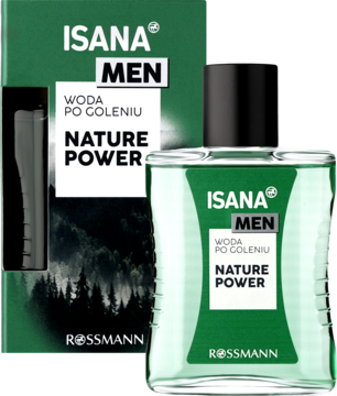 Isana Men Nature Power Woda po goleniu w zielonej butelce, pudełko z motywem lasu i szarą maszynką do golenia.