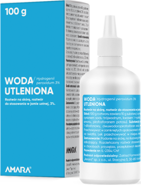 Woda utleniona Amara Hydrogenii peroxidum 3% roztwór do ran, jamy ustnej. Niebieskie pudełko, biała butelka, widok z przodu.