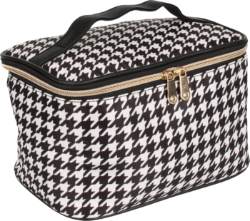 Elegancka podróżna kosmetyczka box w czarno-białą pepitkę, widok z przodu, złota rączka i zamek.