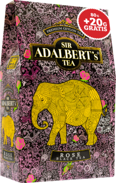 Czarna herbata liściasta Sir Adalbert's Rose, opakowanie z różami, złotym słoniem i napisem +20g gratis, widok z przodu.