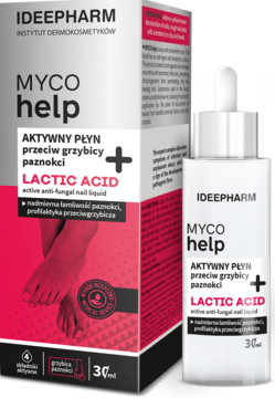 Biało-czerwone opakowanie MYCO help Lactic Acid płynu przeciw grzybicy paznokci, obok biała butelka z kroplomierzem.