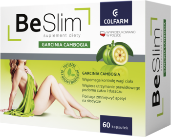 Białe pudełko BeSlim Garcinia Cambogia, 60 kapsułek, suplement diety wspomagający kontrolę wagi, widok z przodu.
