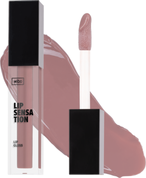 Błyszczyk WIBO Lip Sensation nr 12 nude, z kwasem hialuronowym, tubka i aplikator obok smużki.