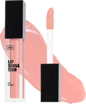 Wibo Lip Sensation nr 11, jasnoróżowy błyszczyk do ust w tubce z aplikatorem na tle rozmazanej kropli.