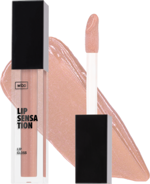 Błyszczyk WIBO Lip Sensation nr 10 nude z kwasem hialuronowym, tubka, aplikator i błyszczący swatch na tle.