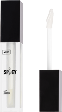 Błyszczyk Wibo Spicy w przezroczystej, prostokątnej tubce z czarną nakrętką i wyciągniętym aplikatorem.