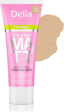 Delia I'm Vegan matujący podkład It's Real Matt, różowa tubka z próbką 102 Natural, widok z przodu.