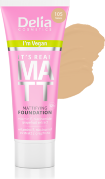 Delia It's Real Matt, wegański matujący podkład 105 Honey w różowej tubce, frontalne ujęcie.