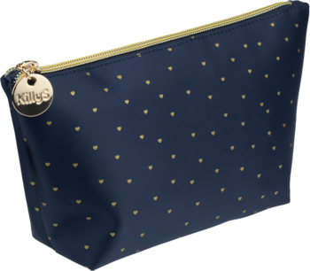 Kosmetyczka Killy's granatowa w złote kropki, z metalowym zamkiem, widok z boku, lekko otwarta.
