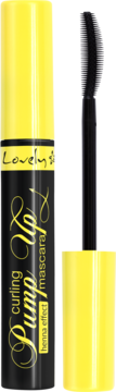 Czarna mascara Lovely Pump Up Curling Henna Effect, z żółtym aplikatorem obok tubki i odkręconą zakrętką.