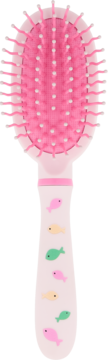 Różowa szczotka do włosów dla dzieci z owalną główką, różowymi wypustkami i kolorowymi rybkami na jasnoróżowej rączce.