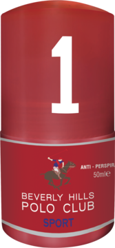 Czerwony antyperspirant Beverly Hills Polo Club Sport w kulce, z dużym numerem 1 i logo, widok z przodu.
