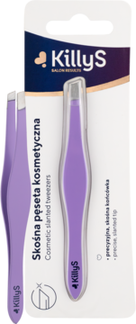 KillyS precyzyjna pęseta skośna w kolorze fioletowym, w białym opakowaniu blister, widok z przodu.