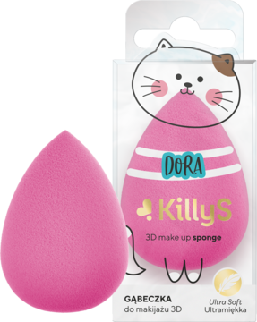 Różowa, bezlateksowa gąbeczka KillyS Dora 3D do makijażu, w kształcie łezki, obok opakowania z kotkiem.