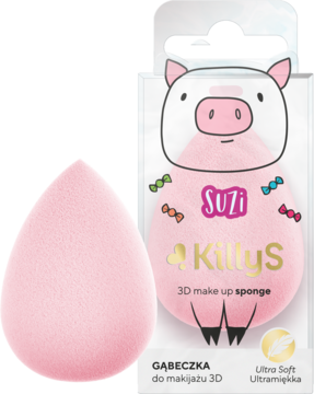 Różowa gąbeczka 3D do makijażu KillyS, obok opakowania z różowym prosiaczkiem, widok z przodu.