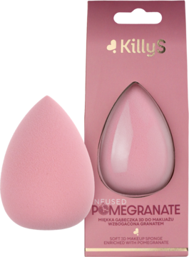 Różowa gąbeczka 3D Killy's w kształcie łezki, wzbogacona granatem, obok różowego opakowania.