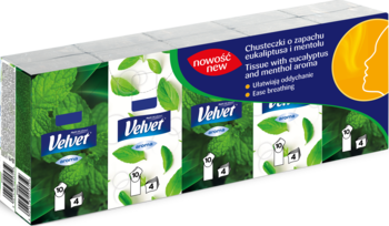 Velvet chusteczki higieniczne zapachowe, eukaliptus-mentol, zielony multi-pack, widok z góry, ułatwiają oddychanie.