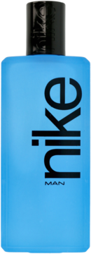Matte blue bottle of Nike Ultra Blue eau de toilette for men, with vertical 'nike' logo and black cap, front view.