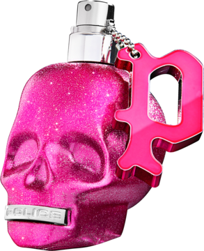 Police To Be Sweet Girl perfumy, widok przodu, błyszcząca różowa butelka w kształcie czaszki z zawieszką P.