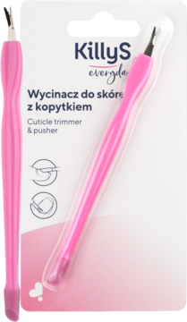Różowy trymer KillyS everyday do skórek z ostrym ostrzem V i gumowym odpychaczem, w blistrze, widok przodem.