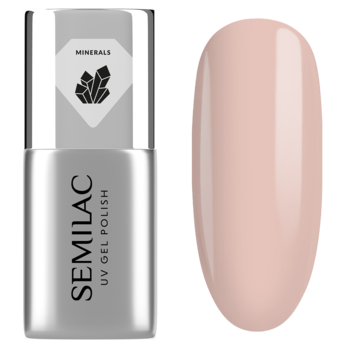 Semilac Mineral Strong Base, srebrna butelka z minerałami i obok swatch w delikatnym, budyniowym odcieniu różu.